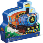 Crocodile Creek All Aboard 36 Piece Floor Puzzle packaging front view showing the unique contour train shaped storage box.