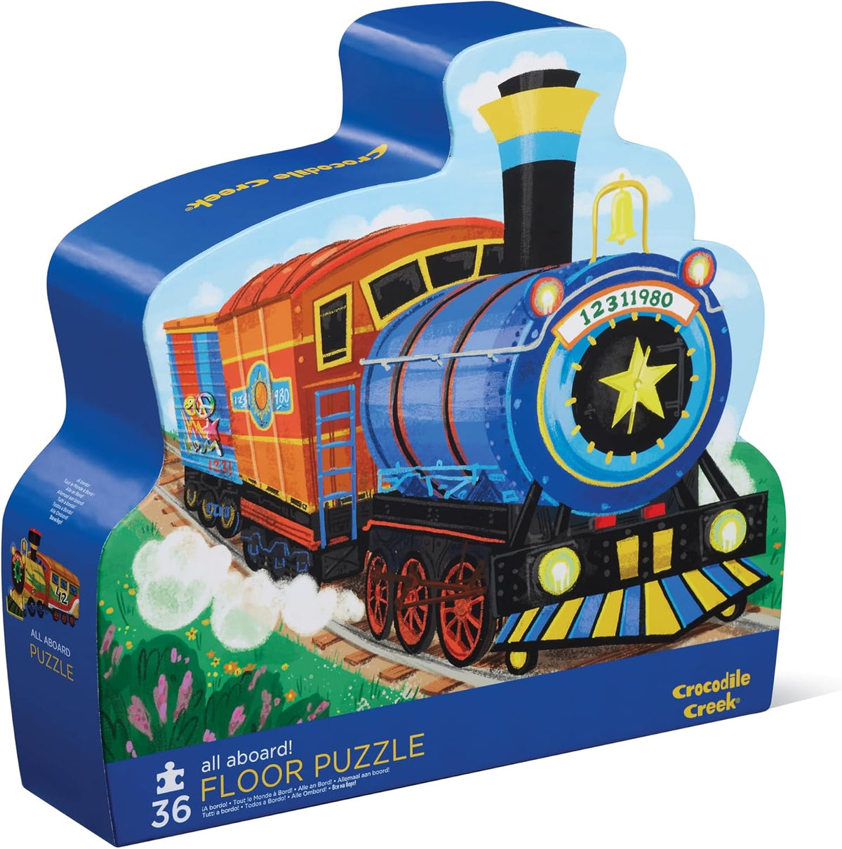 Crocodile Creek All Aboard 36 Piece Floor Puzzle packaging front view showing the unique contour train shaped storage box.