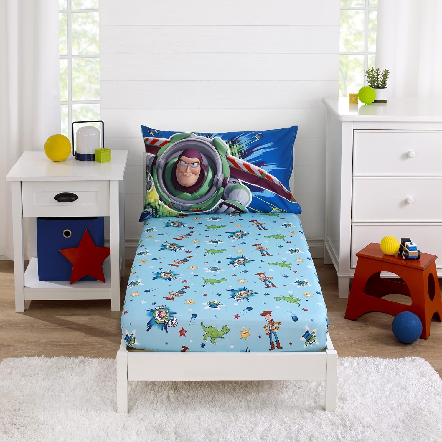 Disney Toy Story Power Up toddler sheet set front view showing Buzz and Woody graphics