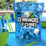 Side profile of the 8.11 ounce ICE BREAKERS Ice Cubes sharing size package