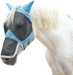 Turquoise horse fly mask worn on a full size horse