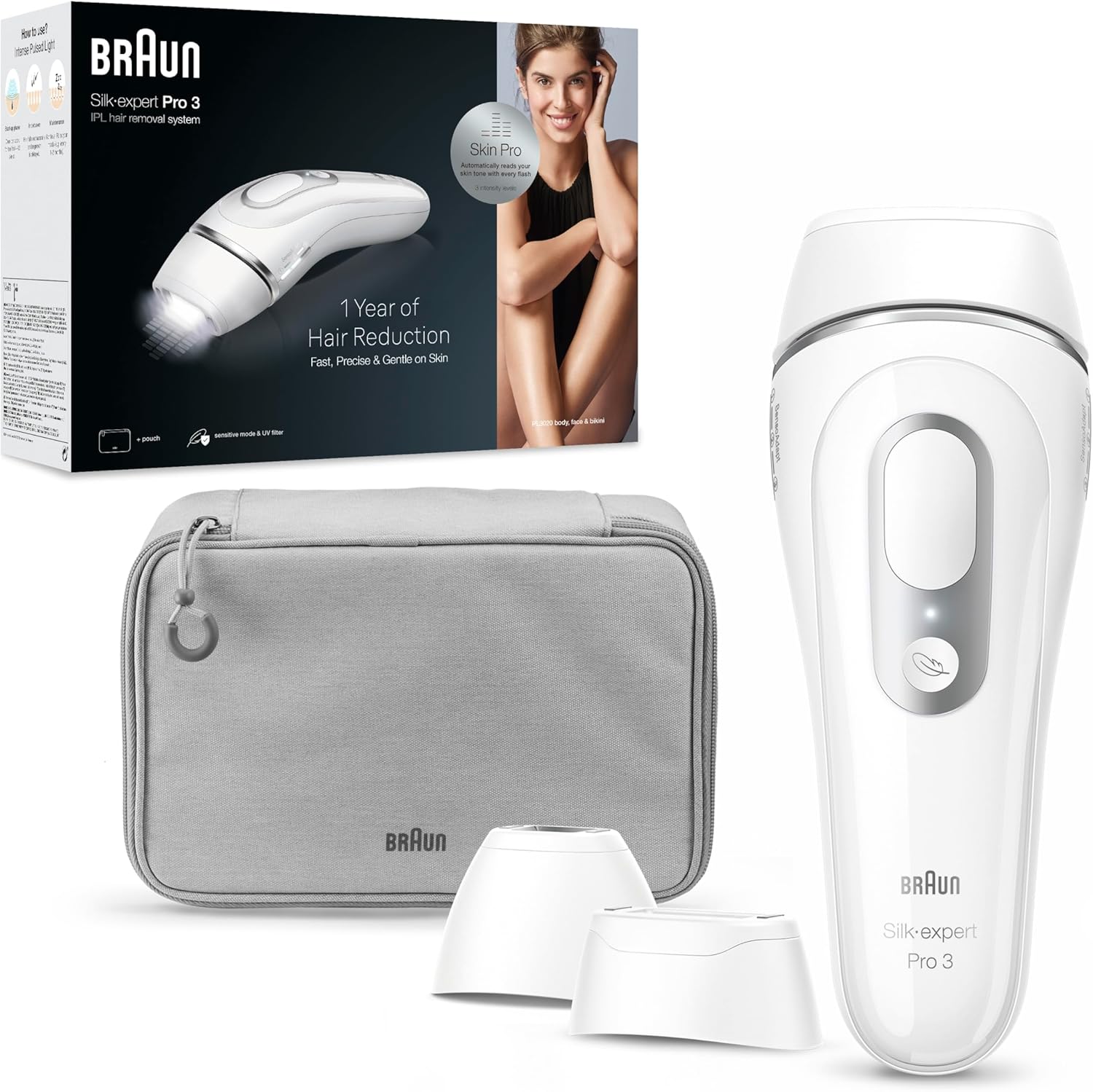 Braun Silk Expert Pro 3 PL3221 IPL hair removal system front view showing white design and controls