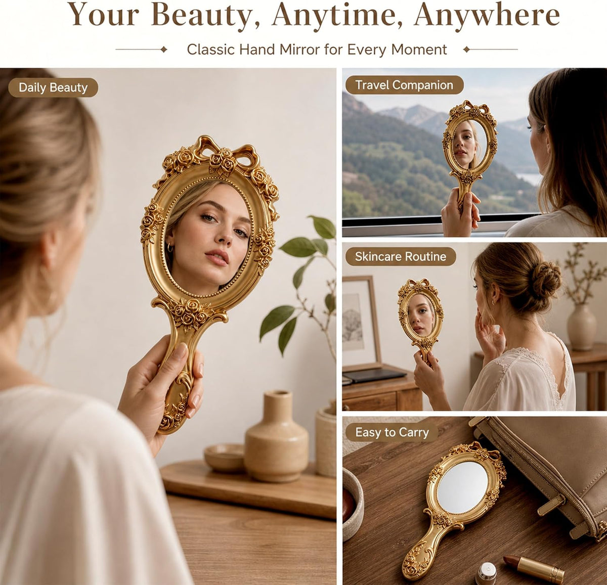 Rich Boxer vintage bronze mirror styled on a vanity table