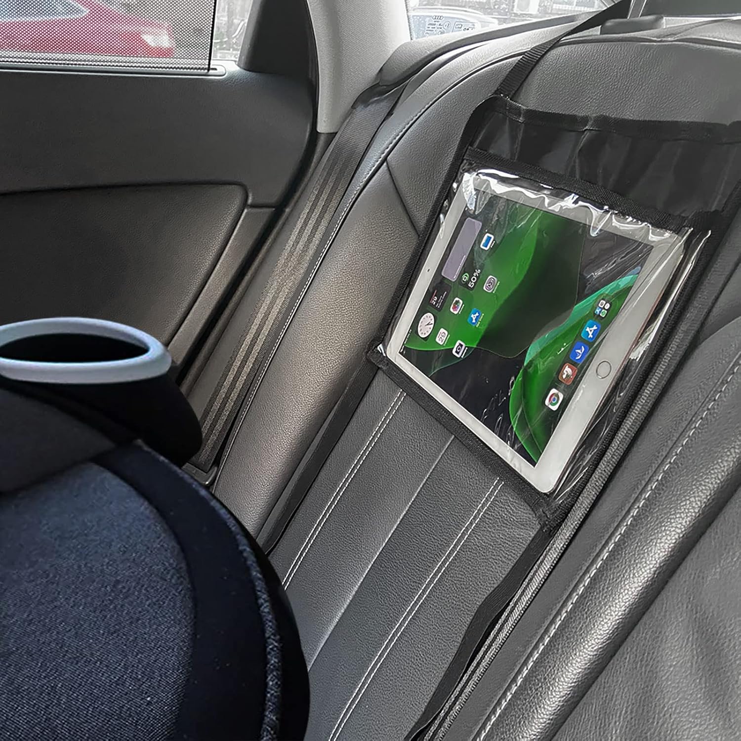 FresherAcc car backseat headrest tablet holder front view displaying clear touch screen window with tablet inside