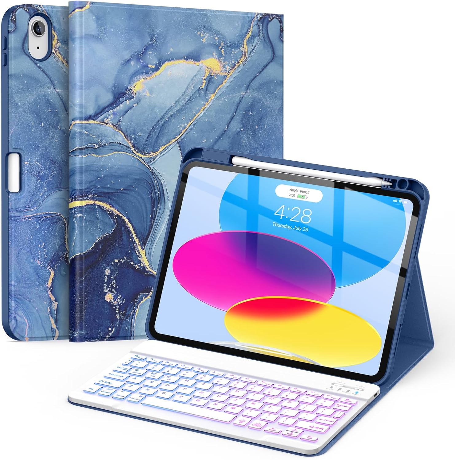 Soke iPad eleventh generation keyboard case front view in ocean marble design.