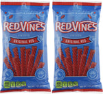 Group shot of imported USA Red Vines licorice twists bag ready for snacking.