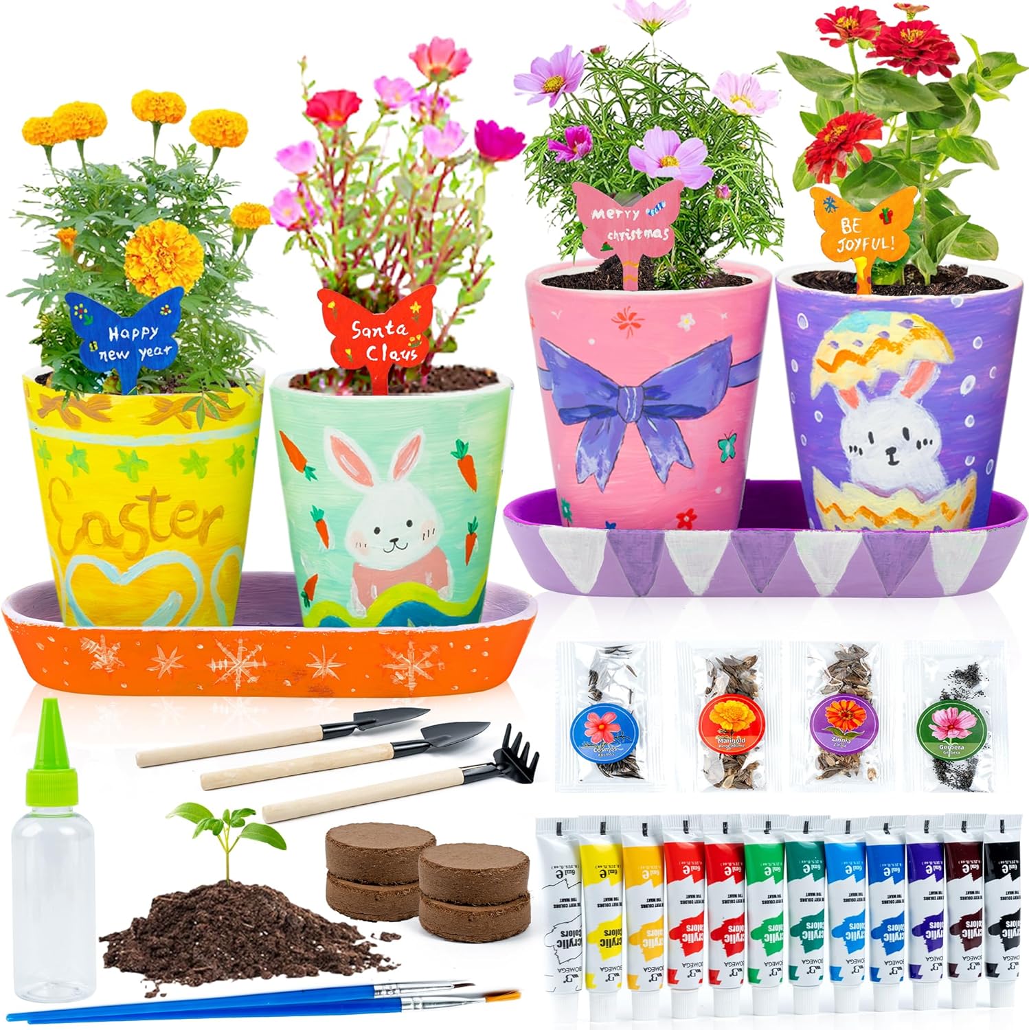 RGBDOT Kids Gardening Set front view showcasing four ceramic stoneware pots and painting accessories.