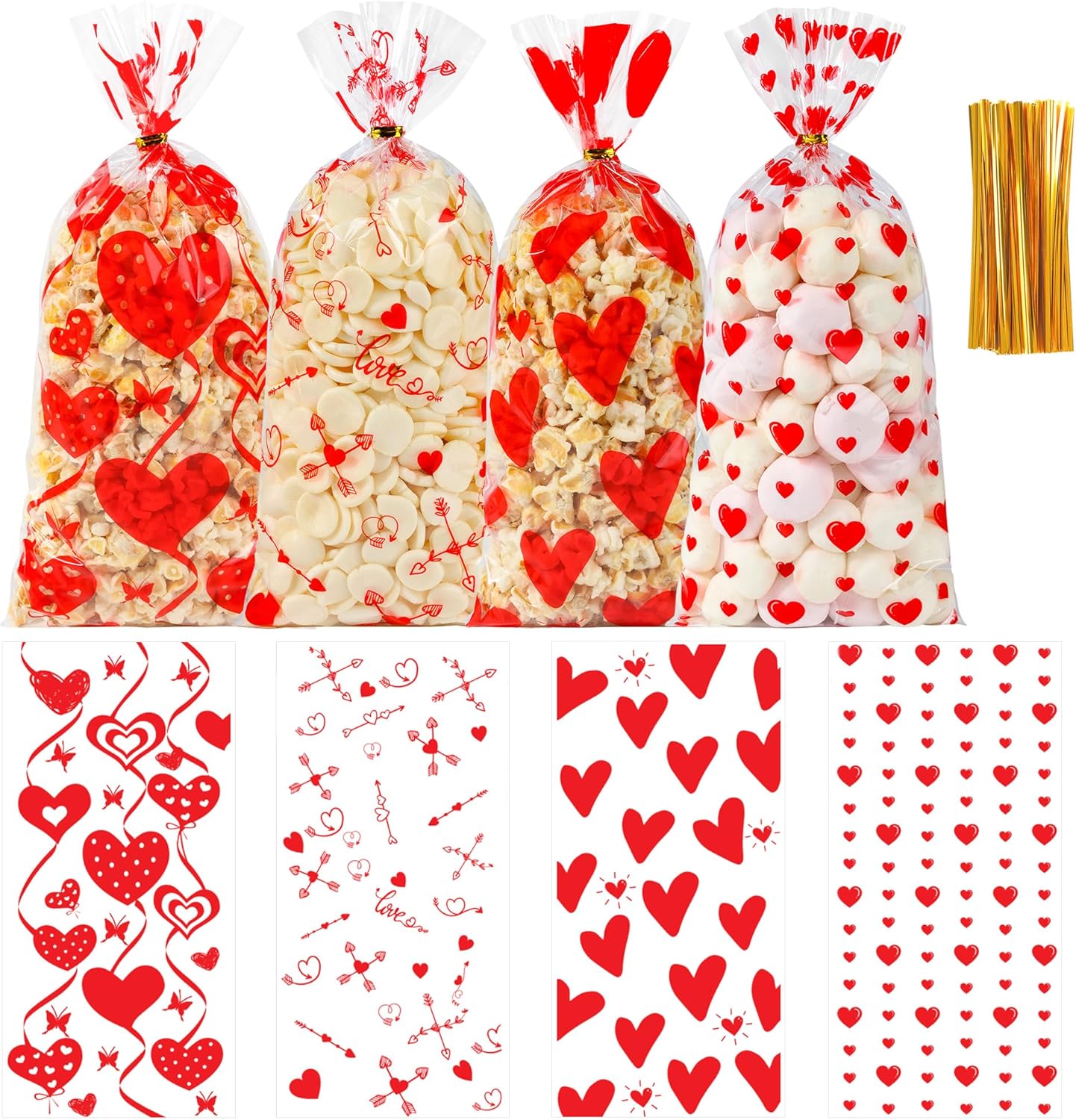 Soarvita Valentine cellophane goodie bags front view showing red heart designs filled with candy