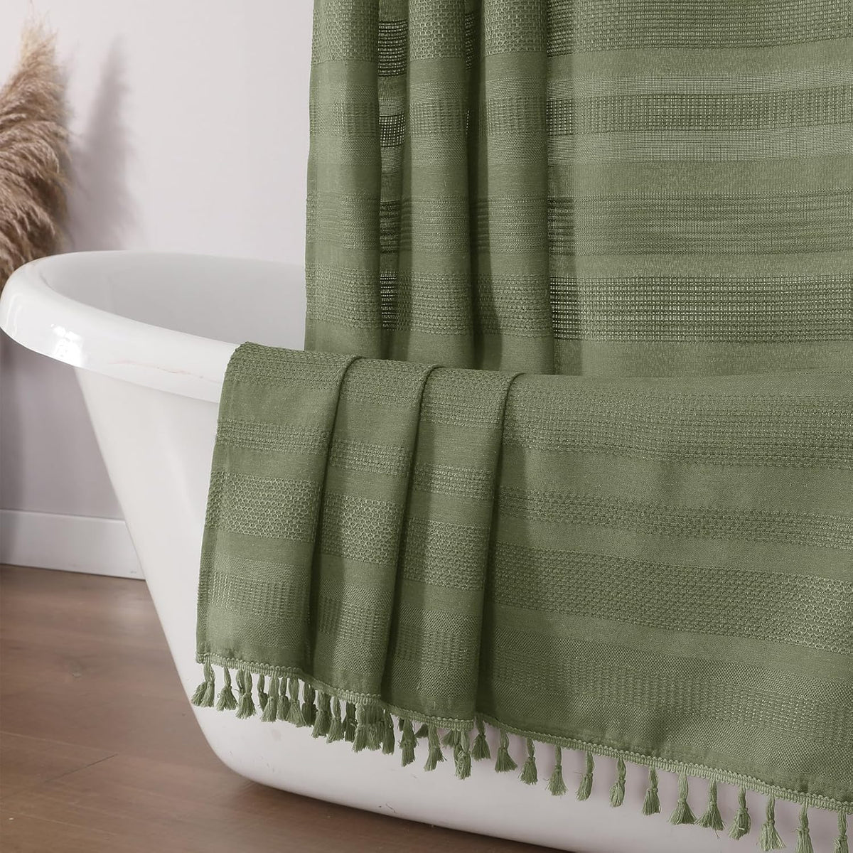 OVZME sage green shower curtain front view hanging in a modern bohemian bathroom setup.
