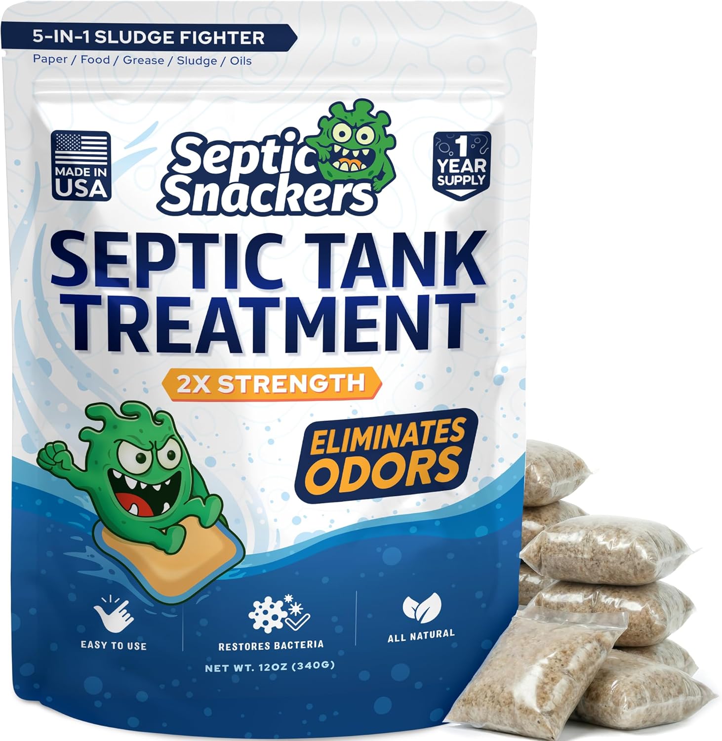 Septic Snackers odor eliminating septic tank treatment pods front view