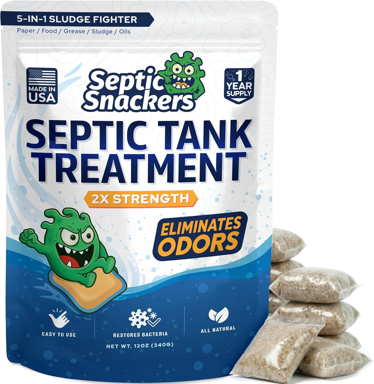 Septic Snackers odor eliminating septic tank treatment pods front view
