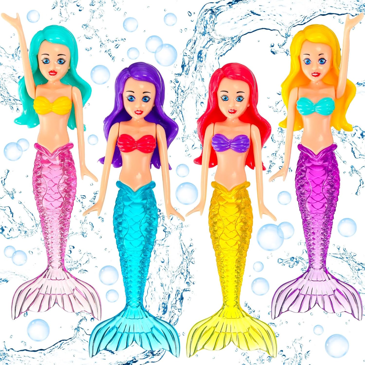 Civaner mermaid dive bath toys four pack front view showing bright colors and cartoon faces.