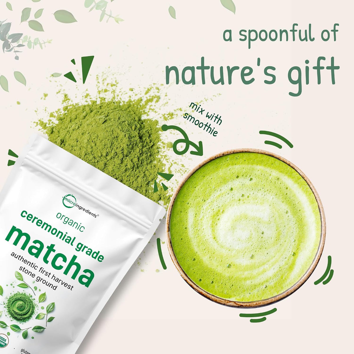 Micro Ingredients organic ceremonial grade matcha powder lifestyle setting with bamboo whisk