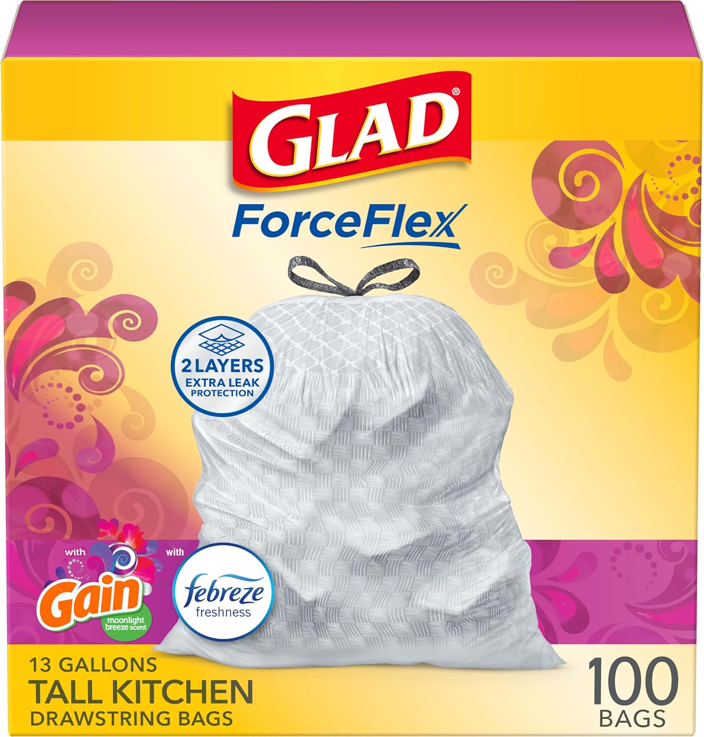 Glad ForceFlex tall kitchen trash bags front packaging showing one hundred count box