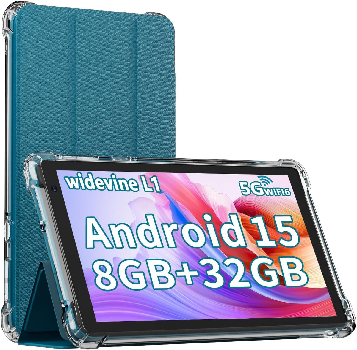 Iweggo Android 15 tablet front view with protective case