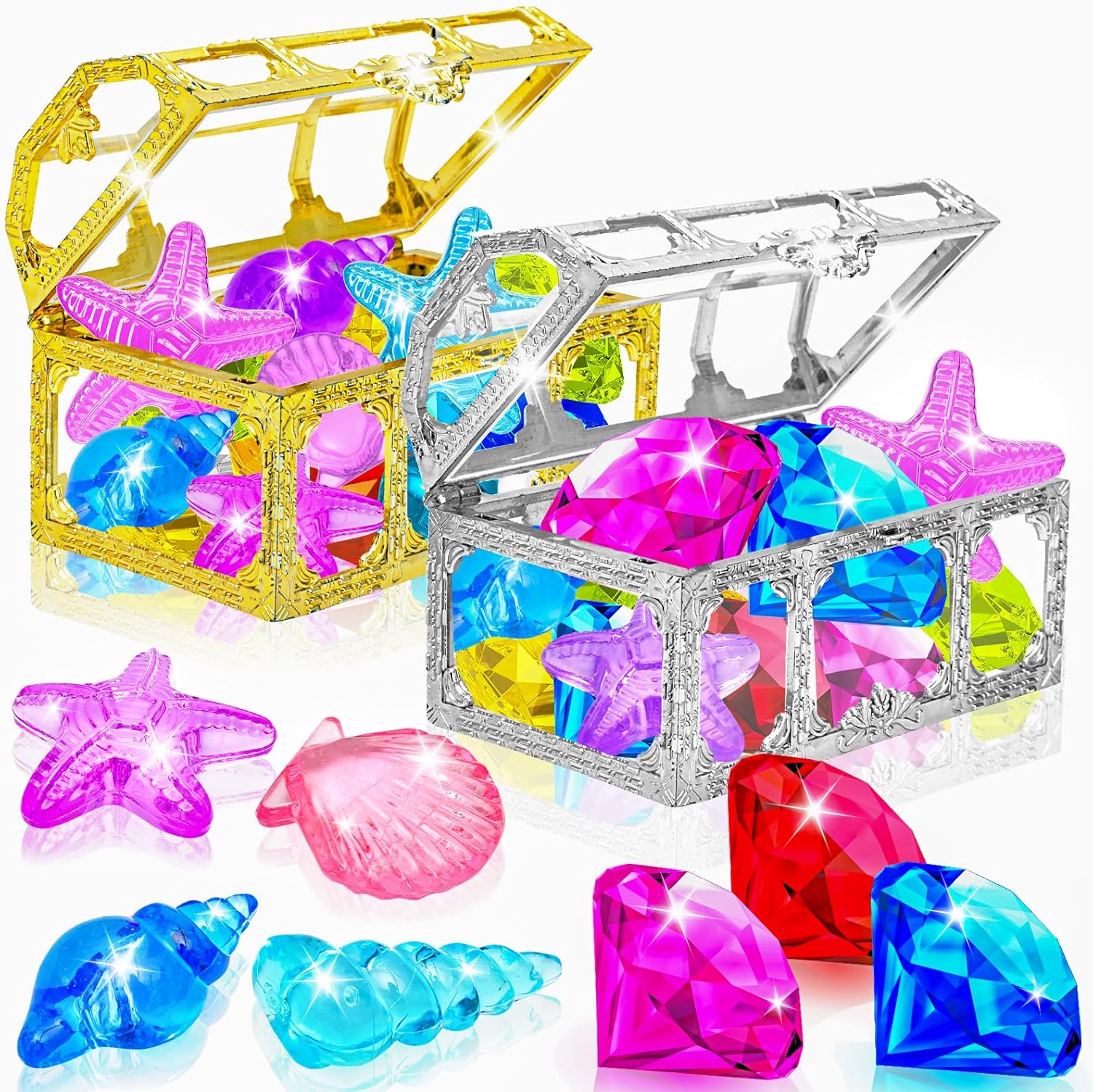 MGparty 24 Piece Diving Gem Pool Toys front view showing colorful diamonds and pirate treasure chest