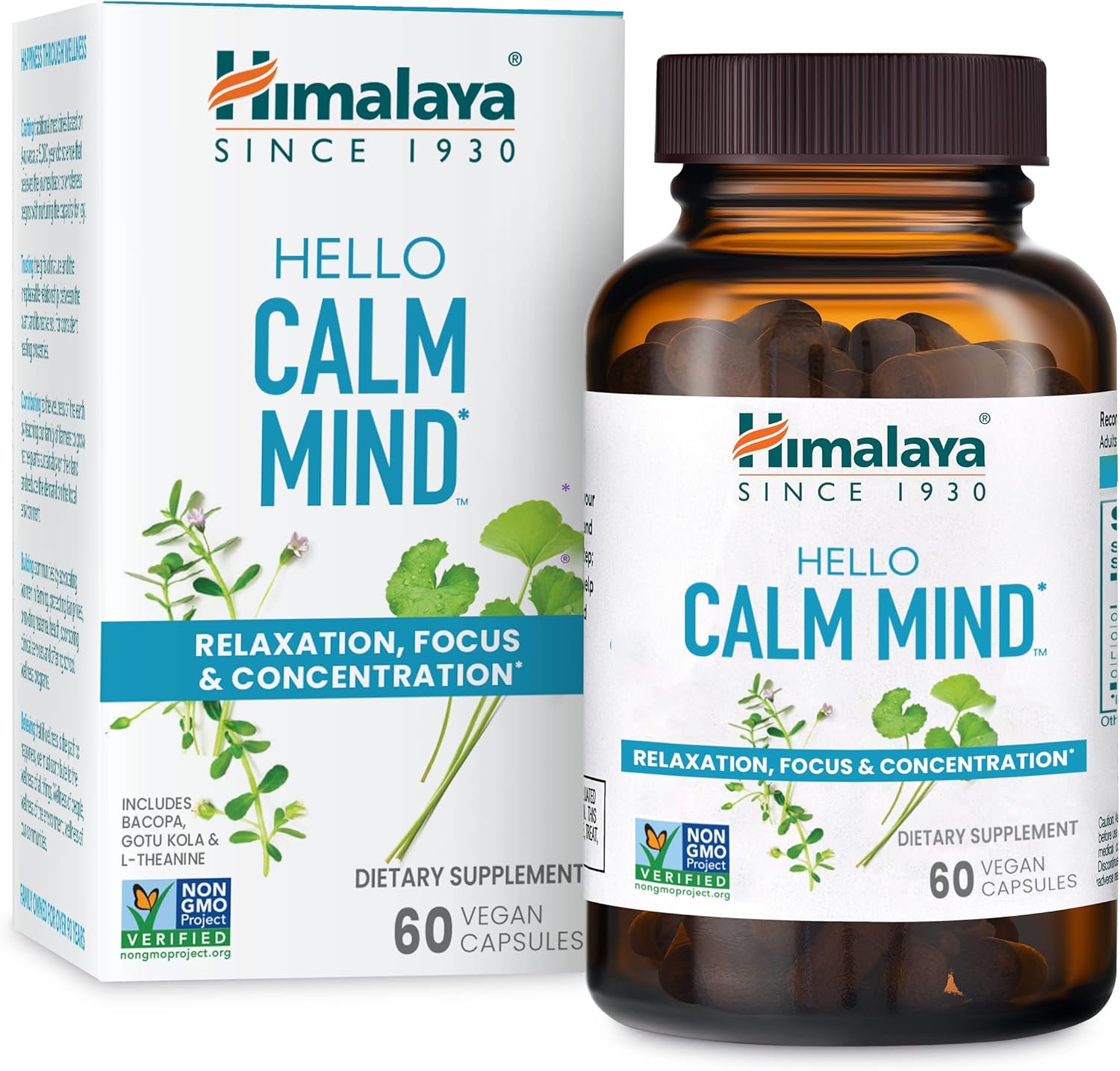 Himalaya Hello Calm Mind 60 capsules front view showing focus supplement bottle