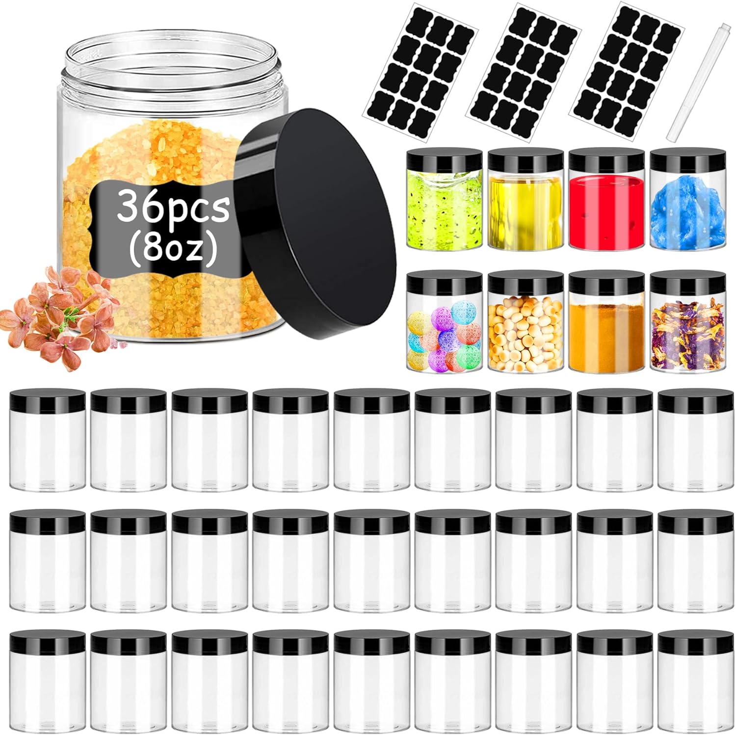 Hajoyful 8 ounce plastic jars with black lids front view
