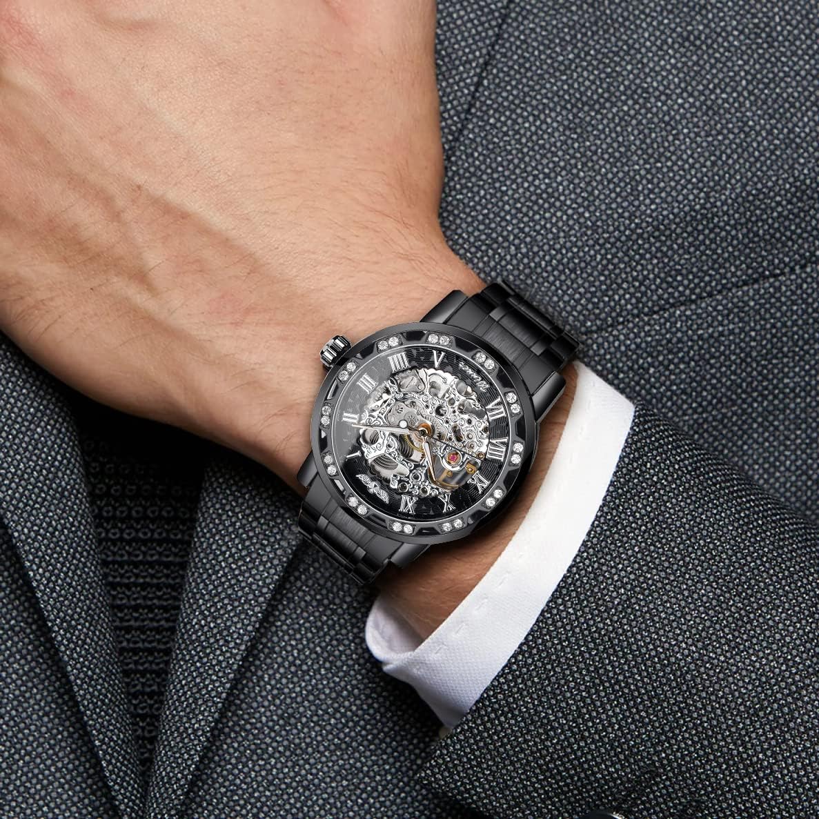 Forsining men skeleton wristwatch side profile case view