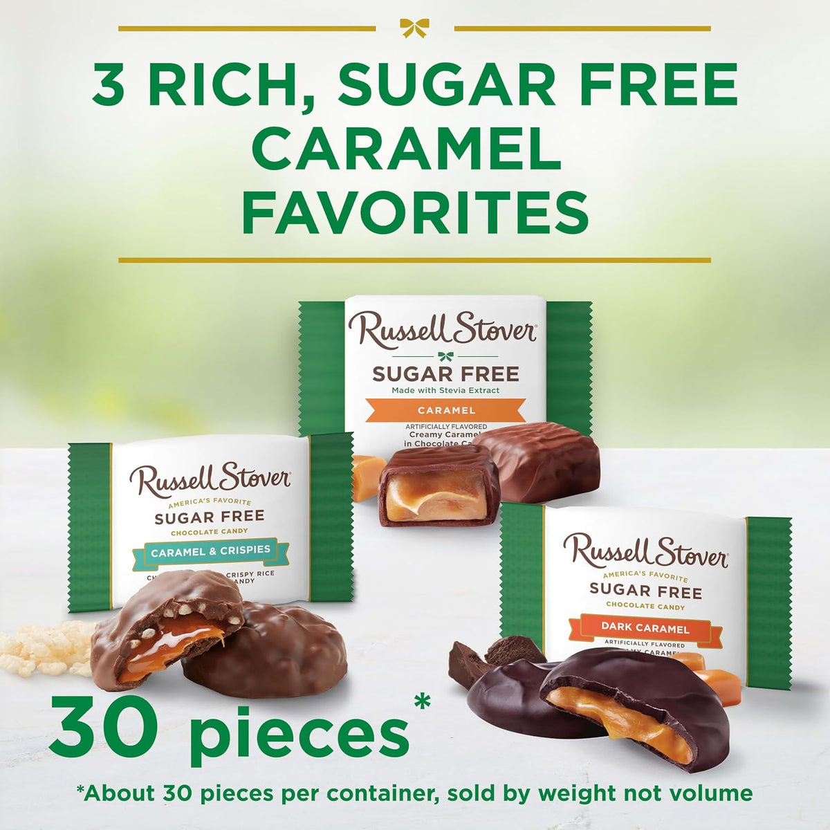 Individually wrapped pieces of imported Russell Stover sugar free chocolate caramels