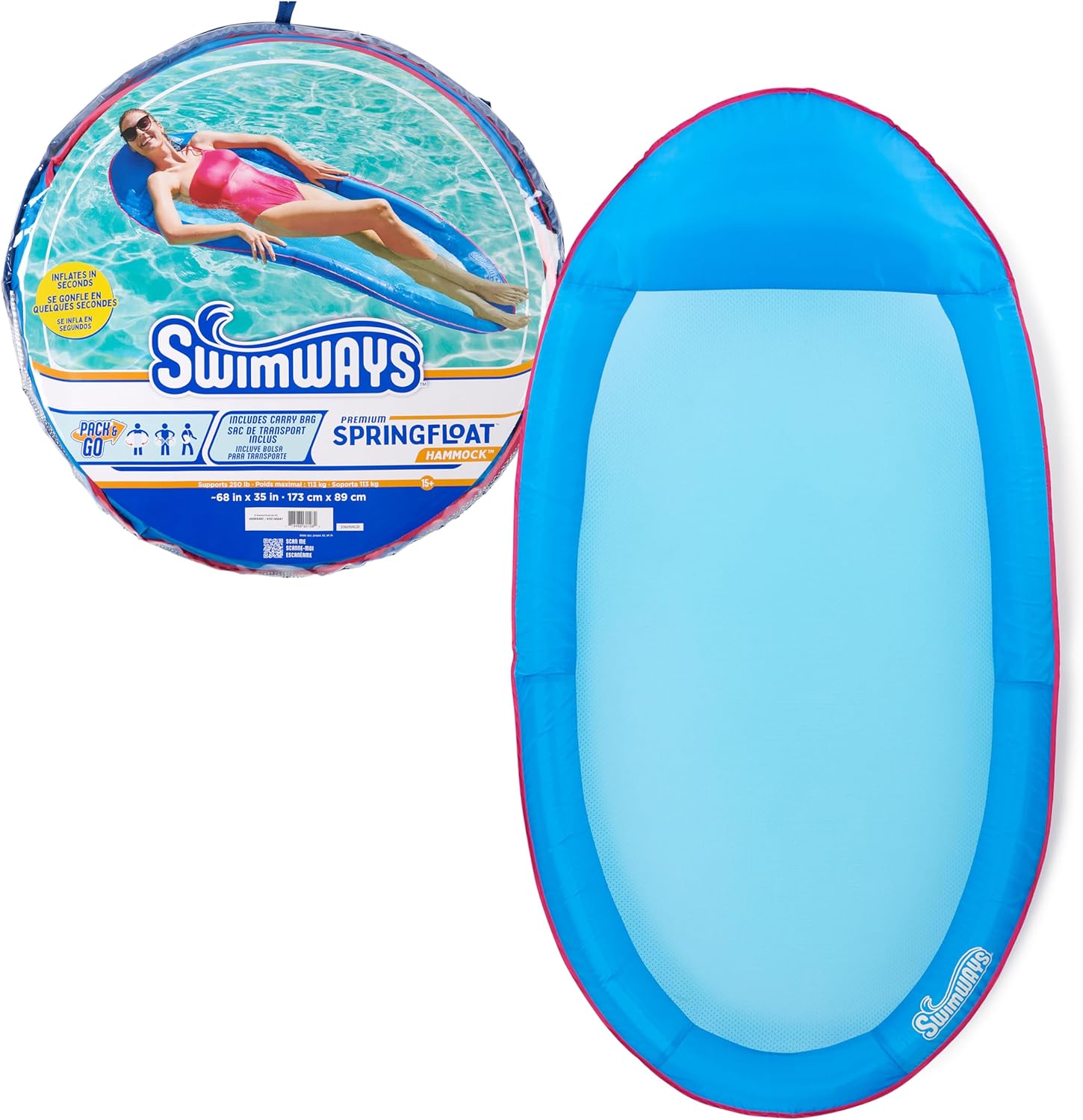 SwimWays Spring Float Premium Hammock pool lounger front view floating on blue water