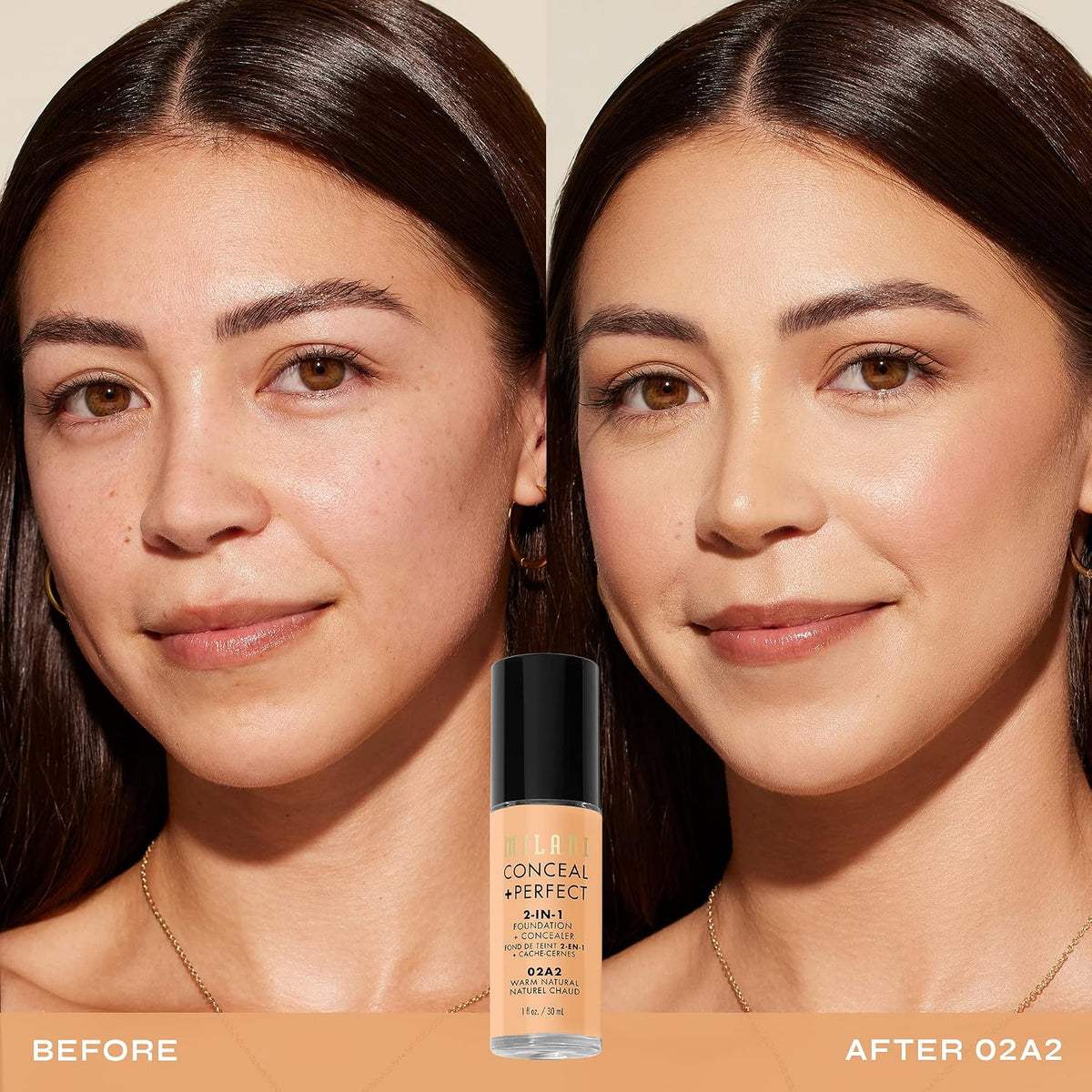 Milani 02A2 Warm Natural liquid foundation texture and applicator