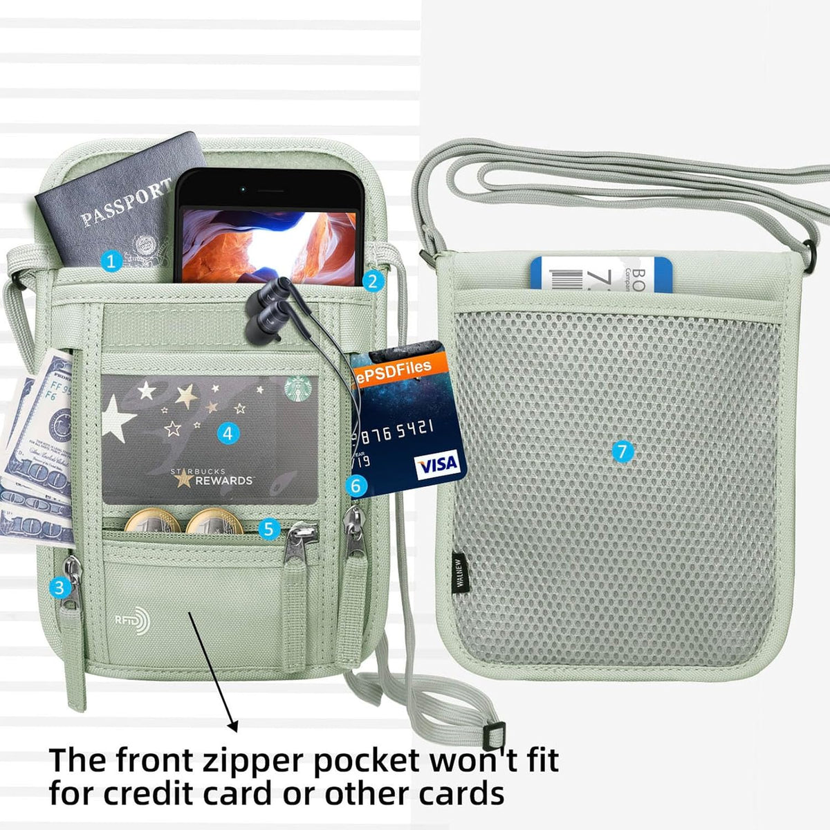 WALNEW travel neck wallet with adjustable lanyard strap for hands free wear