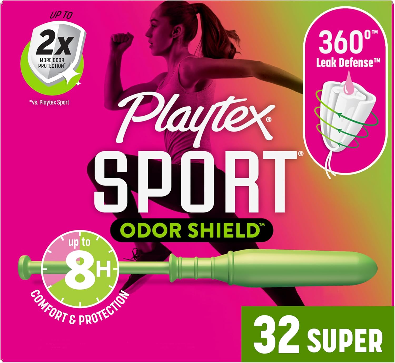 Playtex Sport Odor Shield Tampons Super Absorbency, Unscented - 32ct | Super Tampons for Women, Feminine Care, Playtex Tampon with 360 Leak Defense and Odor Control - Image 1