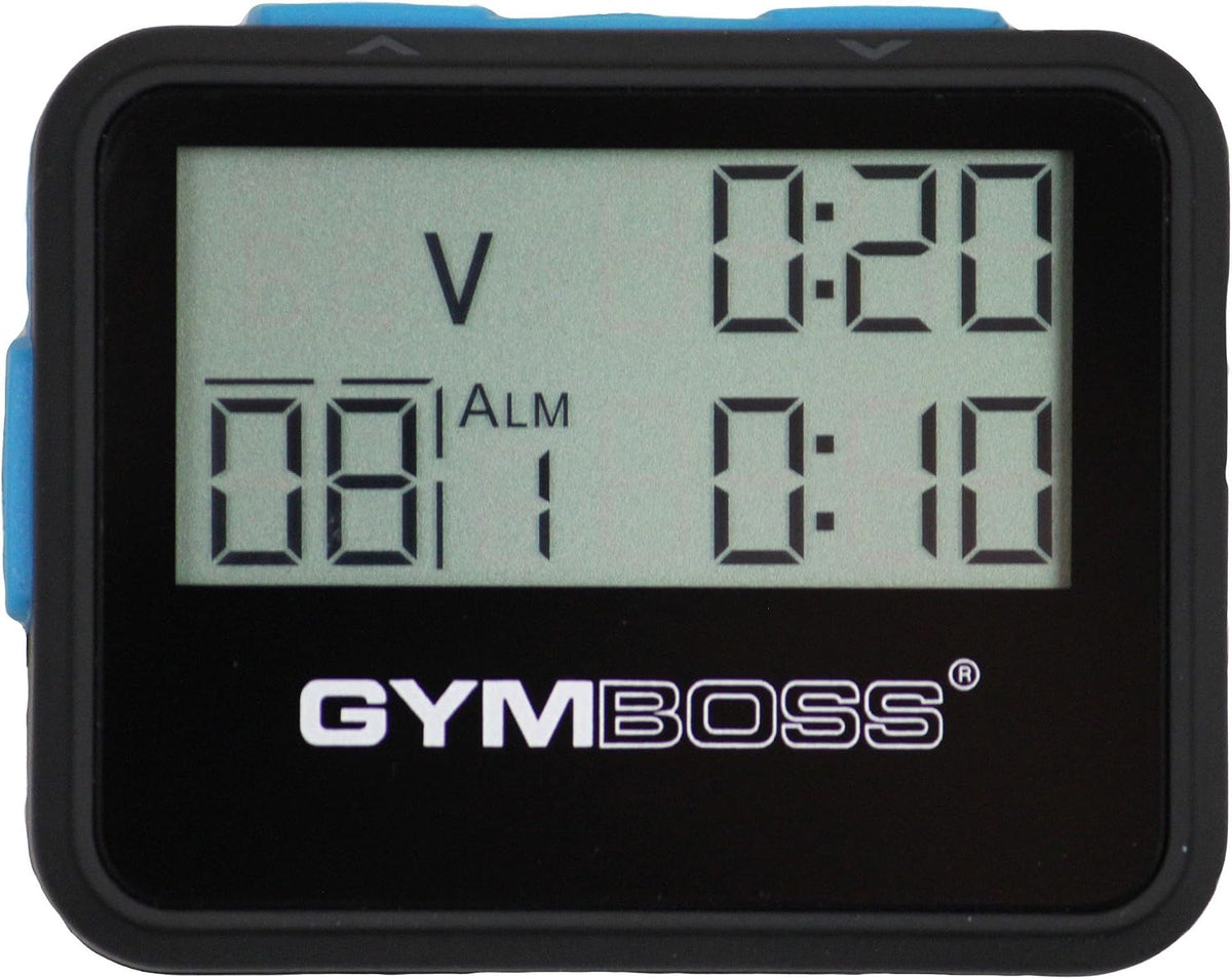 Gymboss interval timer attached to breathable watch strap