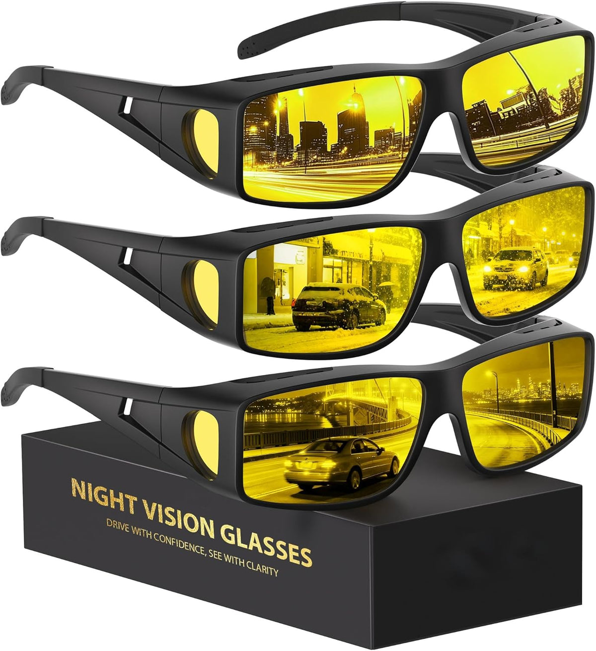 ZODZE night driving glasses front view featuring matte black frame and yellow polarized lenses