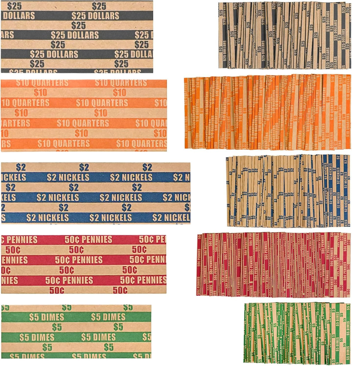 L LIKED 175 Assorted Flat Coin Wrappers - All US Denominations | 50 penny, 50 quarter, 25 nickel, 25 dime & 25 dollar. Heavy-duty kraft, color-coded, ABA standard, for banks & retail - Image 9