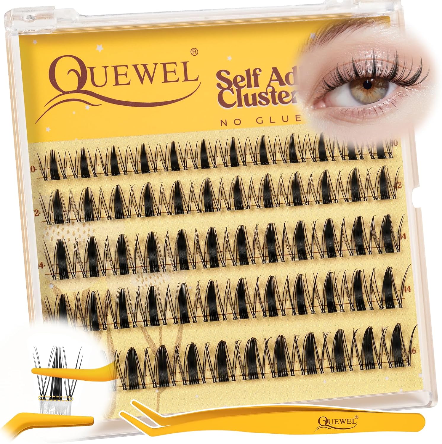 QUEWEL Self Adhesive Lash Clusters Kit, Pre Glued Eyelashes Clusters, 10-16MM Strong Hold Self Adhesive Eyelashes,C Curl Press On Lashes No Glue Needed DIY Lash Extensions Kit at Home(MJ09) - Image 1