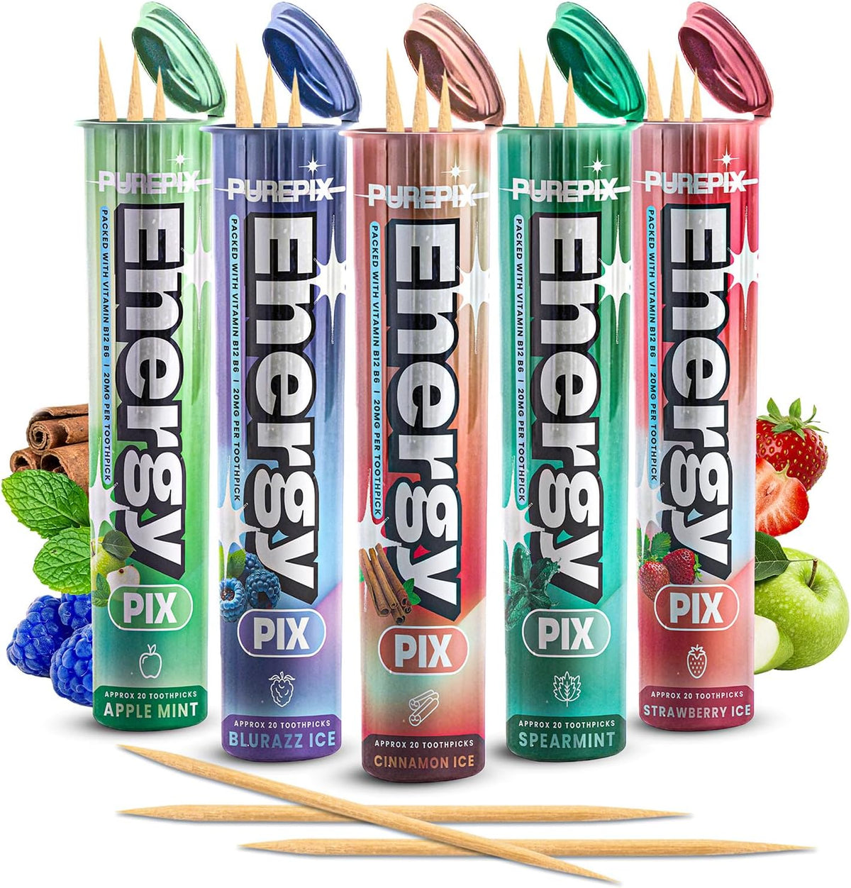 PurePix EnergyPix Caffeine Flavored Toothpicks variety pack front view showing five flavor tubes for energy boost