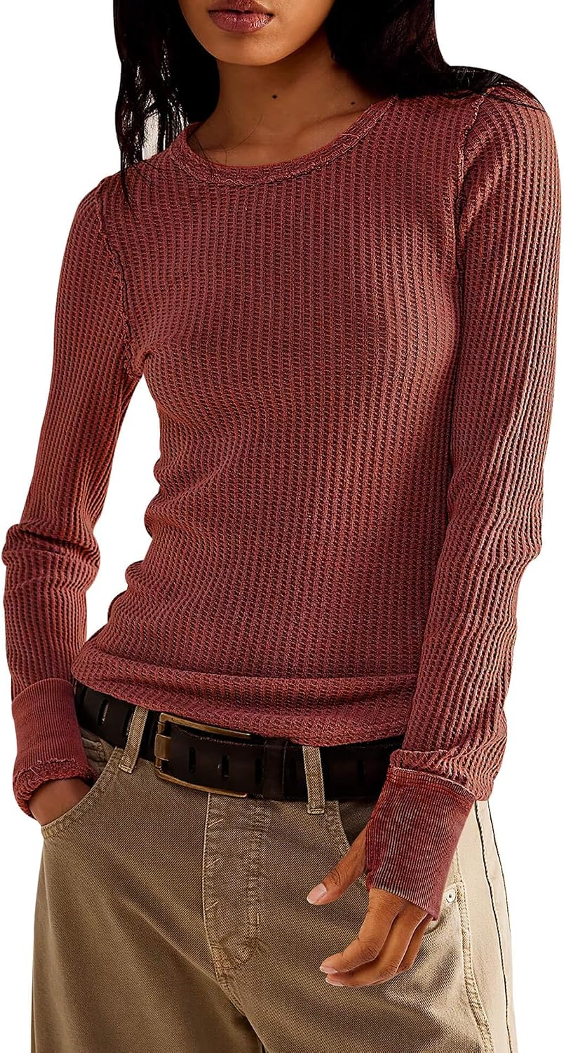 Women's Waffle Knit Tops Long Sleeve Slim Fitted Pullover Shirts | Crew Neck Curved Hem Thermal Shirts Y2k Fall Tops - Image 10