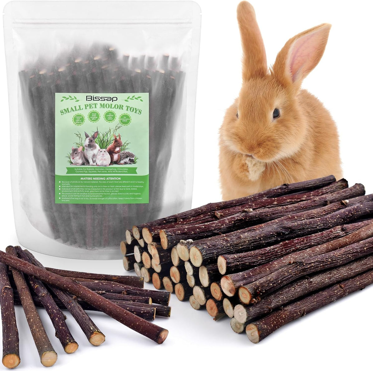 Bissap apple wood sticks for rabbits front package view showing natural pet chew toys