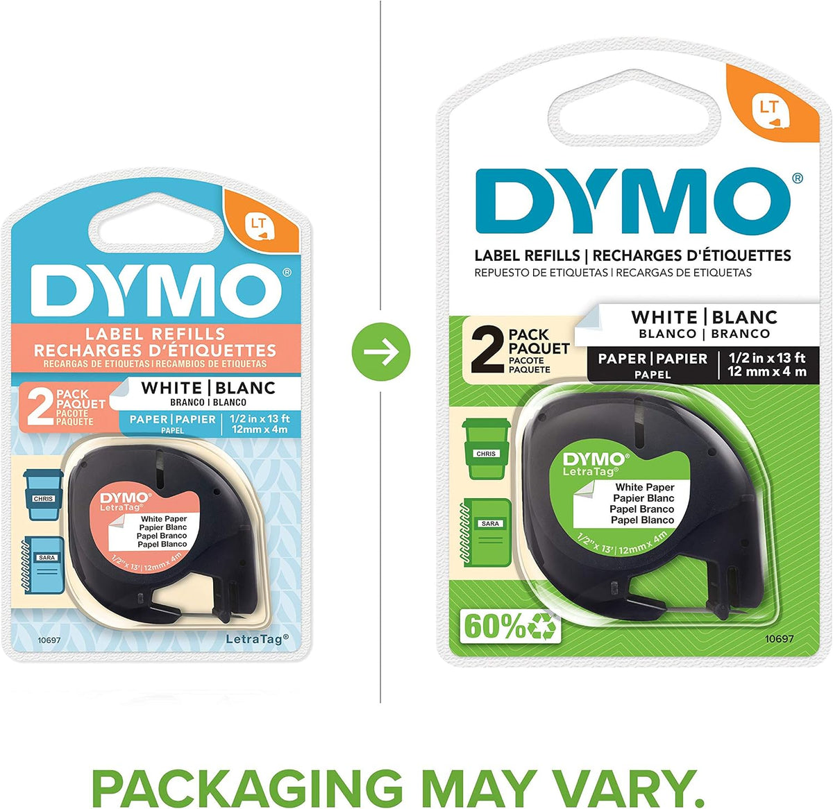 DYMO label tape rolls showing black print on white paper