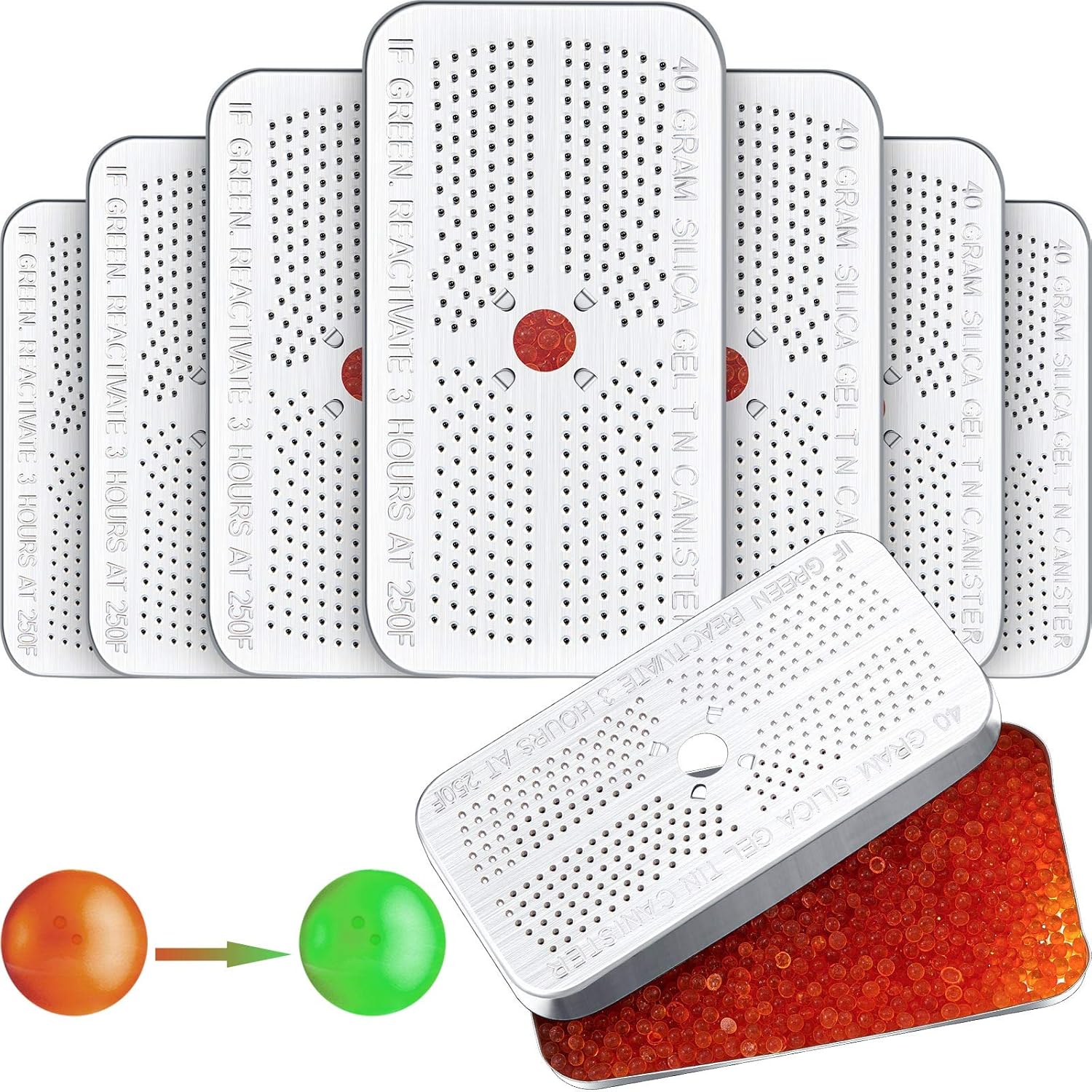 Patelai 40 gram silica gel dehumidifier canister front view with orange beads.