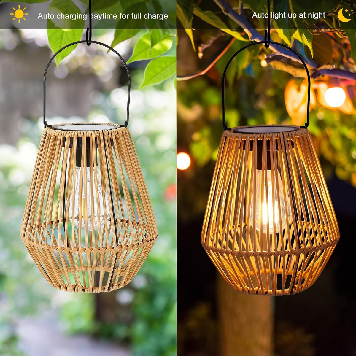Livinlarge solar lantern showing top solar panel and hanging handle