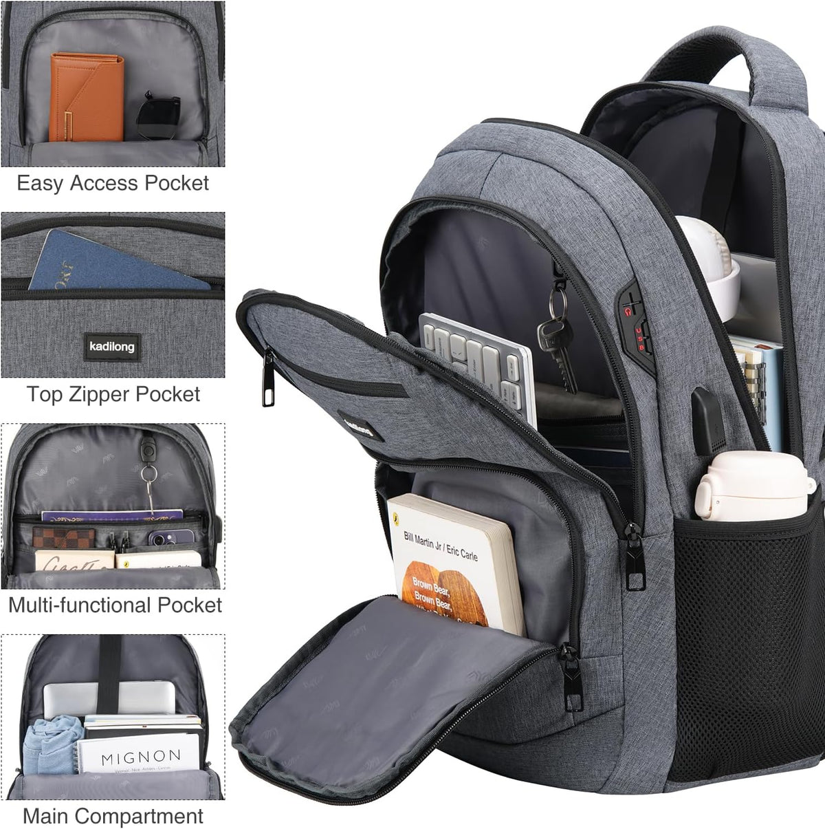 Kadilong laptop backpack side angle showing compartment