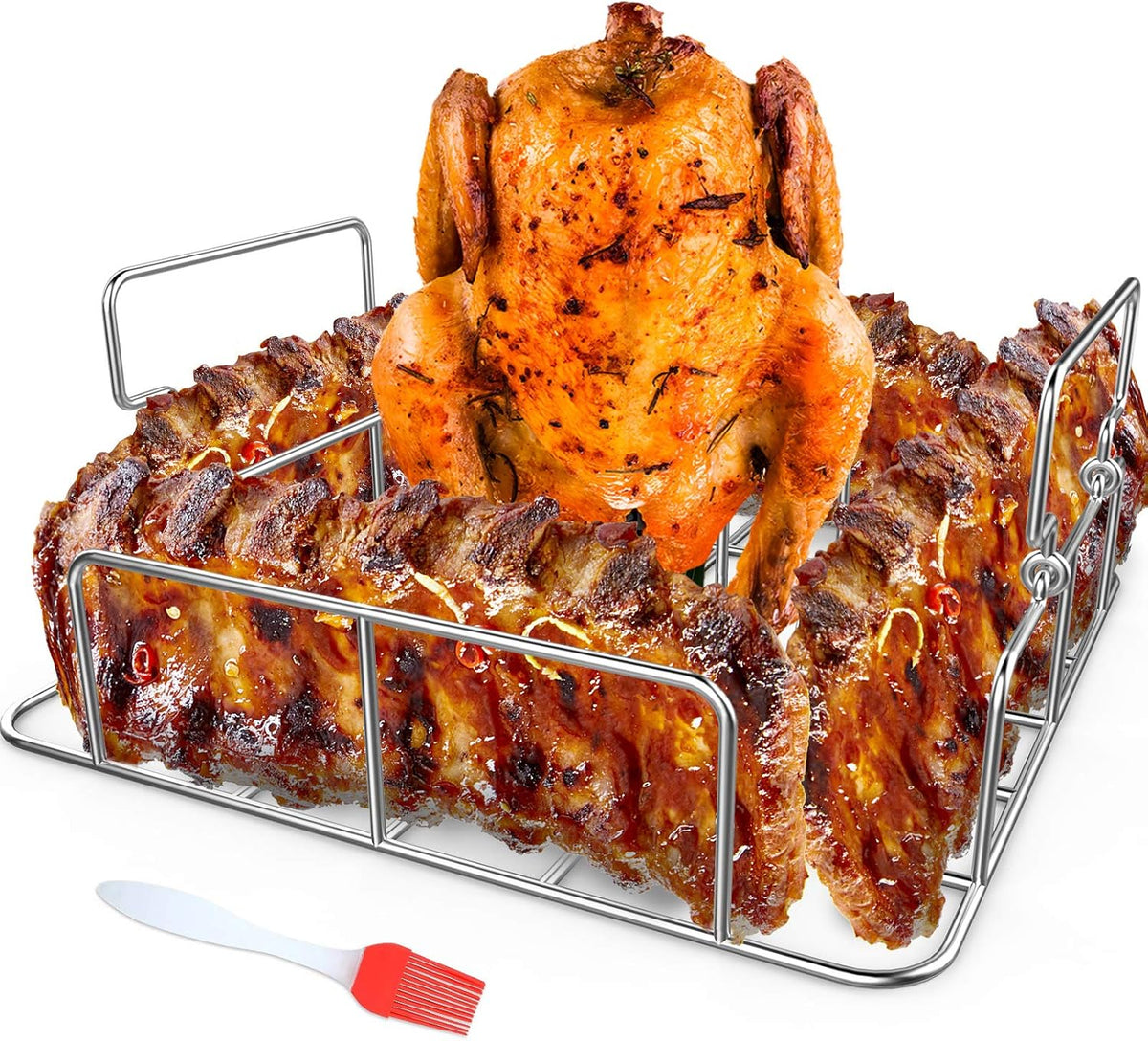 Stainless Steel Rib Rack & Silicone Brush for Grill | Heavy Duty 2-Handle Stand, Fits Smoker & Oven, Cook Up to 5 Ribs, Long-Lasting BBQ Accessory - Image 9