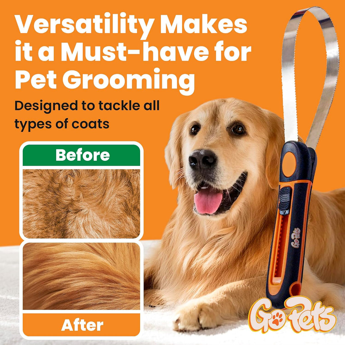 GoPets deshedding rake demonstrating comfort handle grip