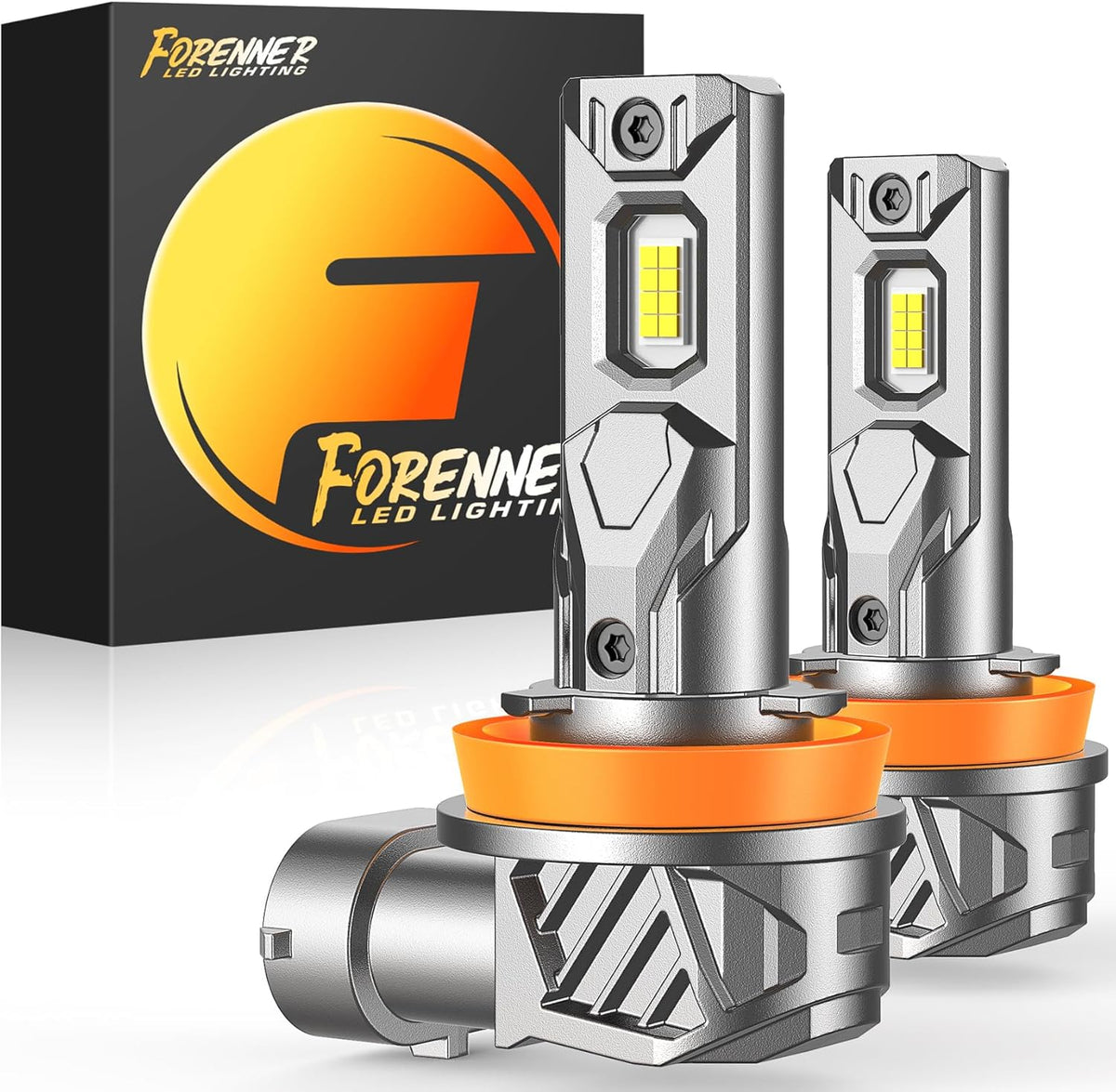 FORENNER Upgraded H11 LED light bulbs dual pack front view highlighting premium aviation aluminum construction.