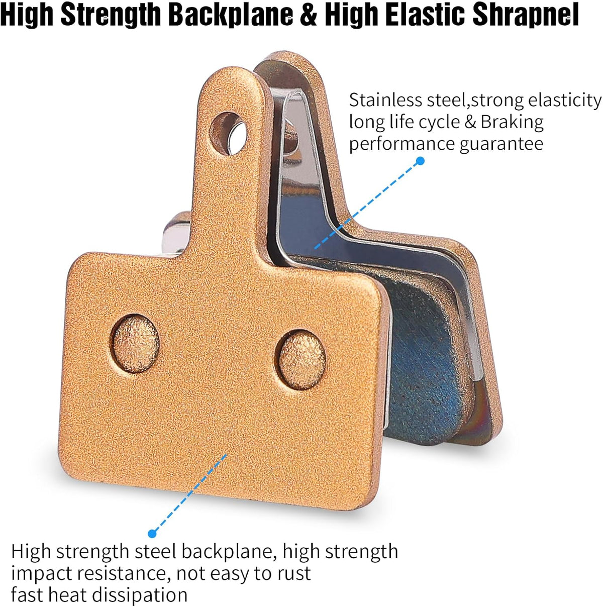 Sintered metal brake pads with gold tone finish close up