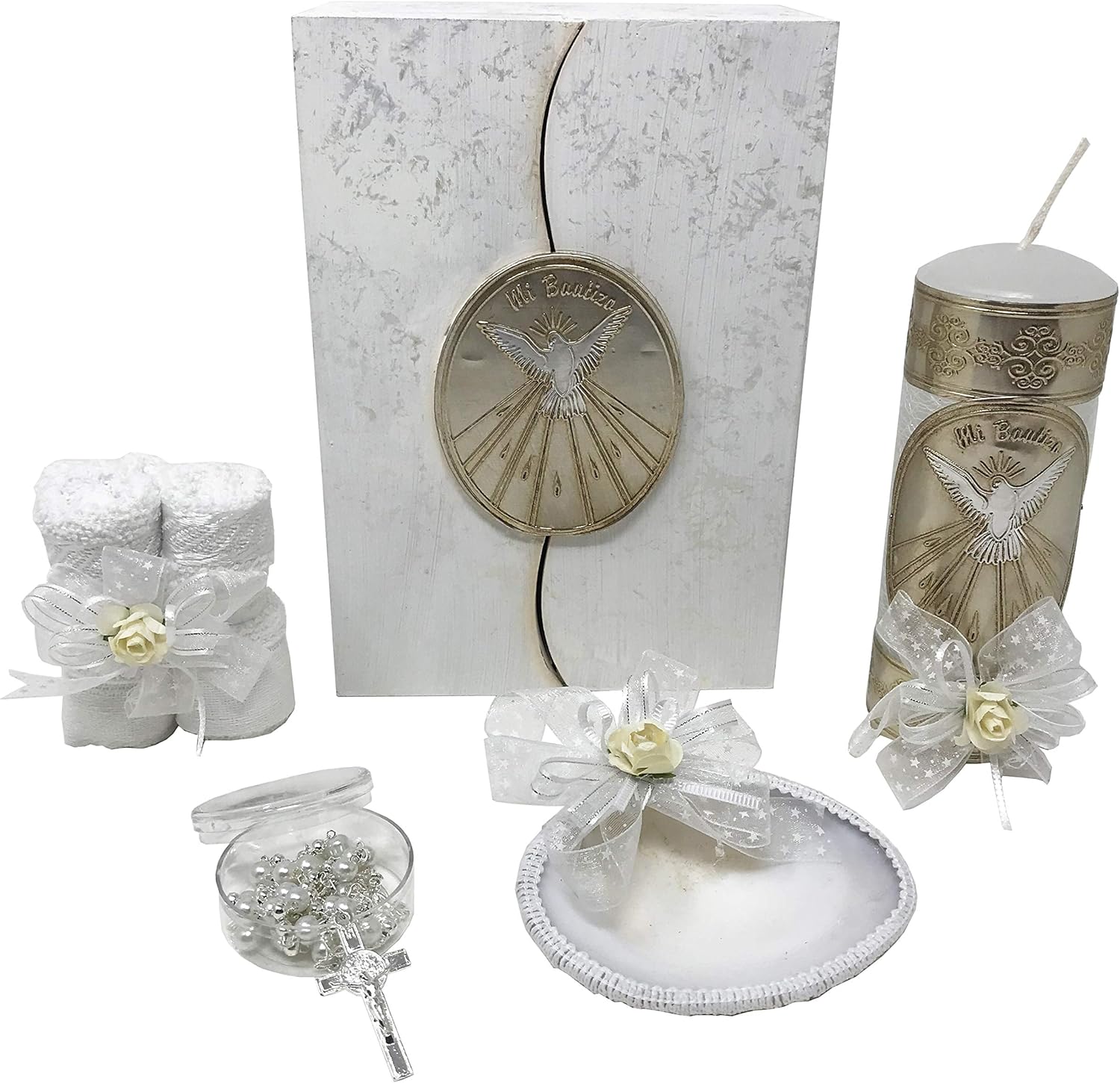 Mexican Artisans Arcangeles Mexicanos baptism candle set front view in wooden box