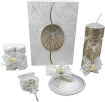 Mexican Artisans Arcangeles Mexicanos baptism candle set front view in wooden box