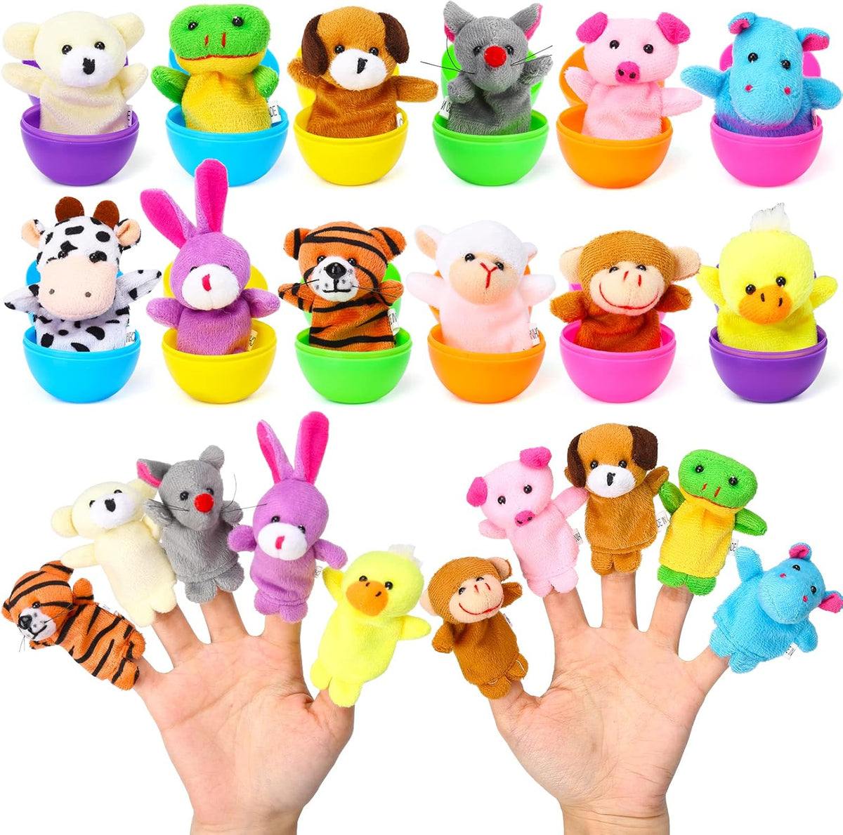 ThinkMax 12 Piece Easter Eggs prefilled with animal finger puppets front view layout