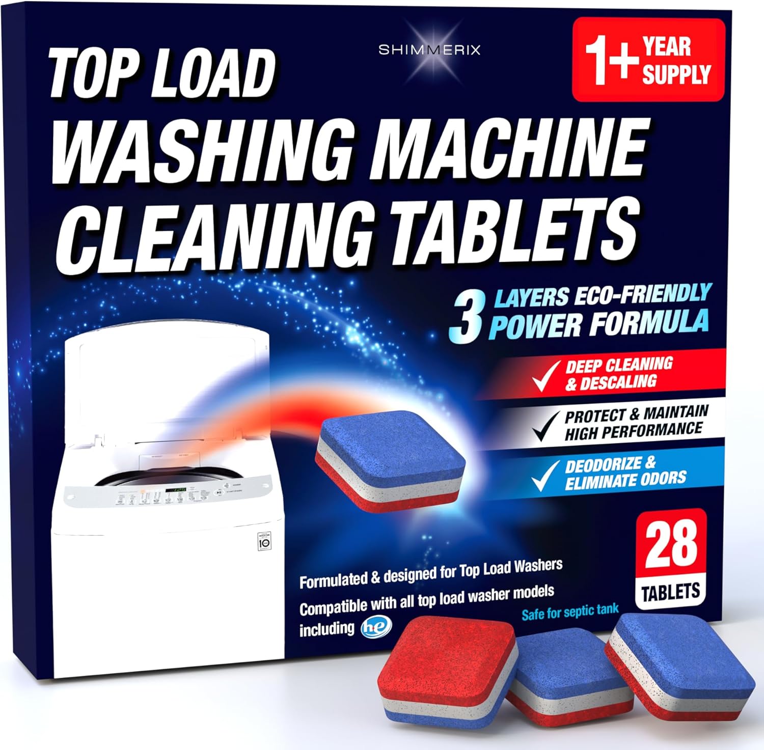 Shimmerix Washing Machine Cleaner Tablets 28 Pack front view packaging