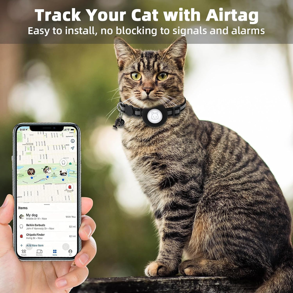 Airtag Cat Collar, Air tag Cat Collar with Bell and Safety Buckle in 3/8" Width, Reflective Collar with Waterproof Airtag Holder Compatible with Apple Airtag for Cat Dog Kitten Puppy (Black) - Image 2