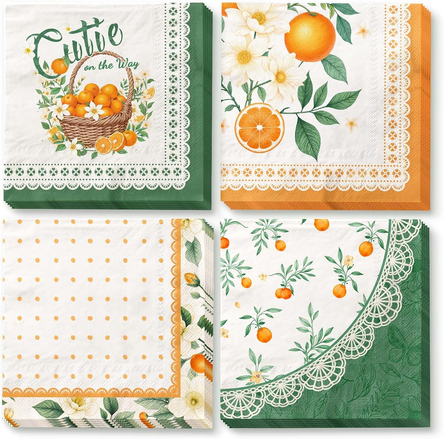 NICROHOME EUR Little Cutie baby shower paper napkins front view showcasing orange citrus design