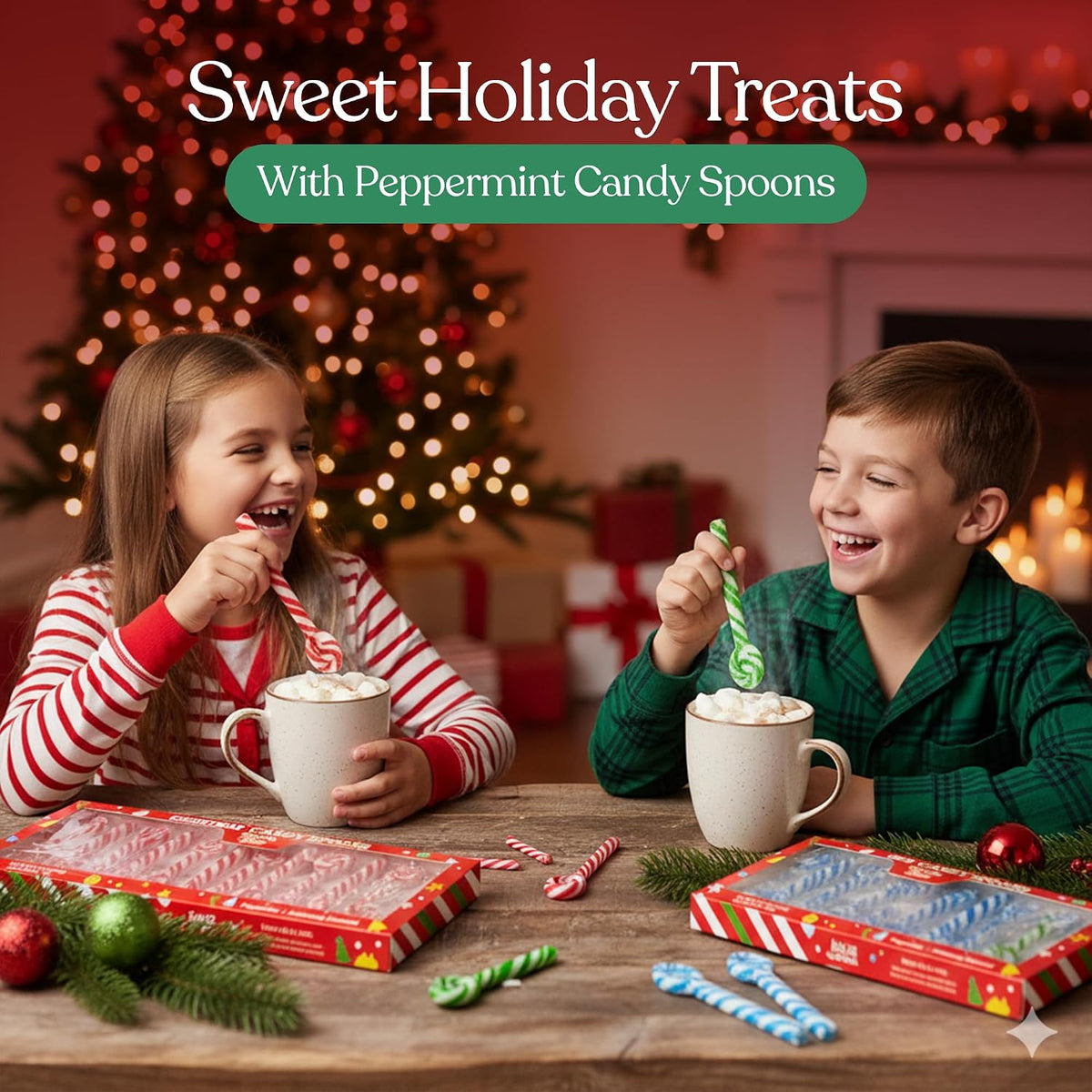 Assorted red green and blue striped festive edible spoons arranged neatly for holiday parties